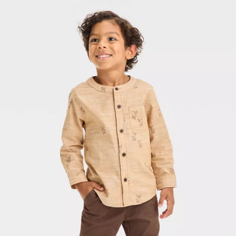 Deer Printed Long Sleeve Stretch Button-Down Shirt - Cat & Jack nwt Brown